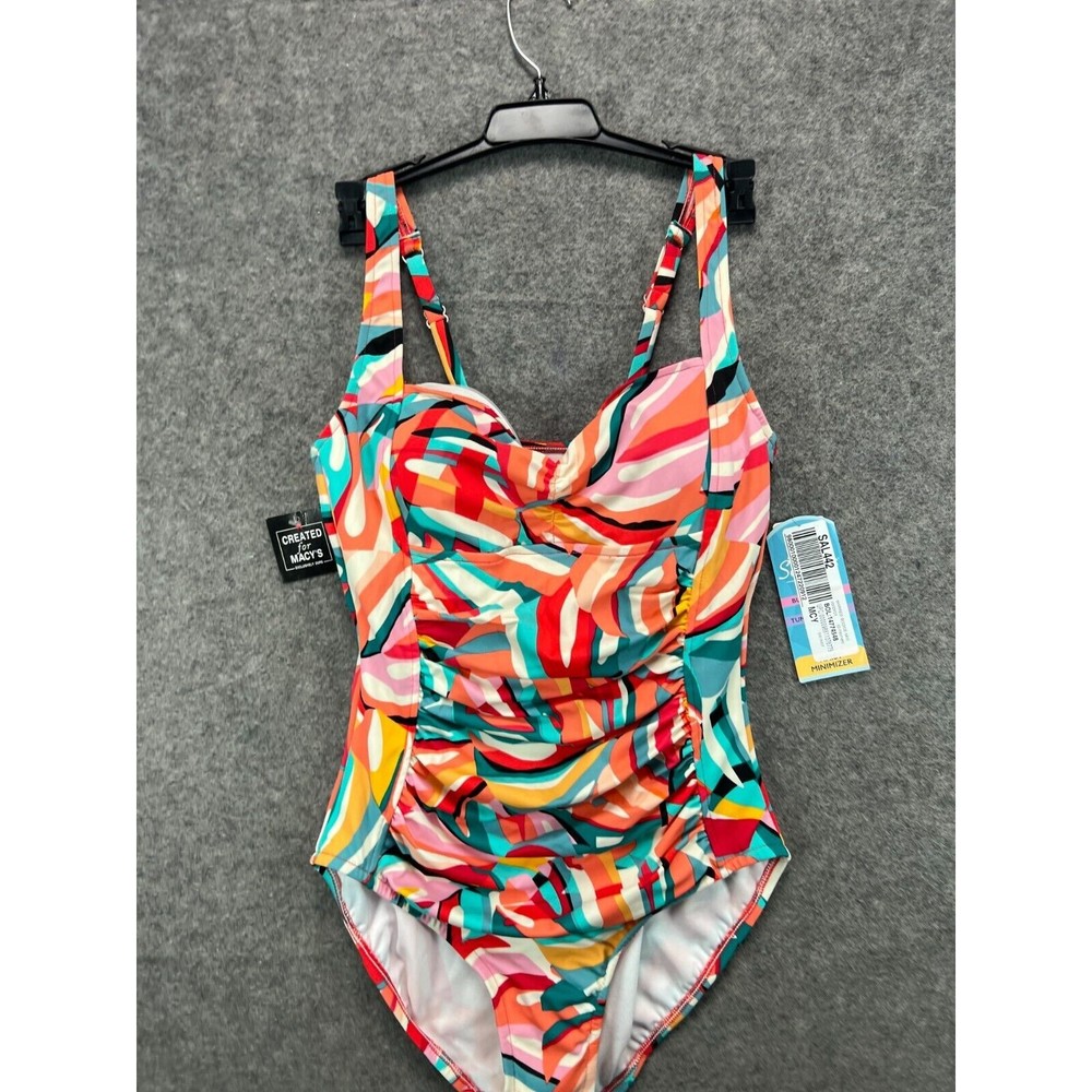 NWT Swim Solutions Shirred Tank One Piece Swimsuit Tummy Control Womens 12 Pink